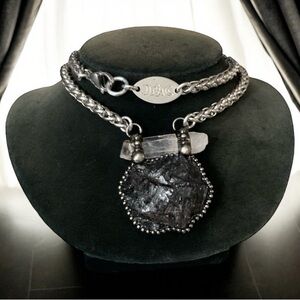 Genuine raw black tourmaline & crystal quartz charm boho goth necklace .